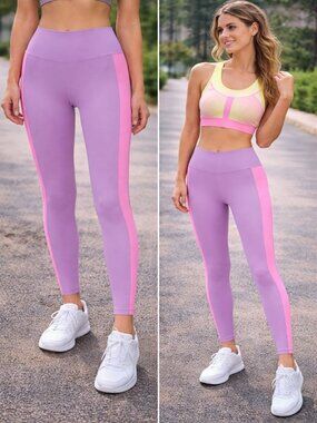 Wilo Sculpting High-Waist Leggings Pink Purple Side Stripe Size M NWT